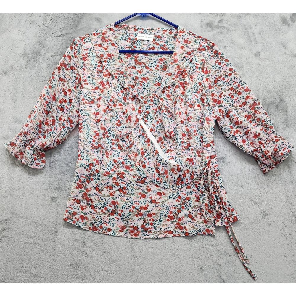 Kendall & Kylie Top Womens 12 Multicolor Floral Chiffon Wrap Tie V-Neck Ruffled